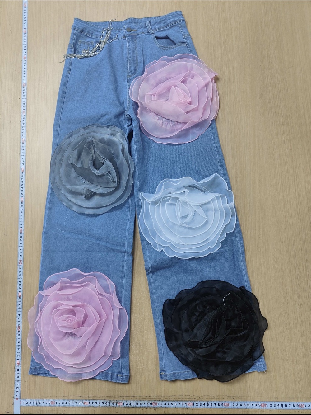 Denim Wide-Leg Jeans with Oversized Rosette Appliqués